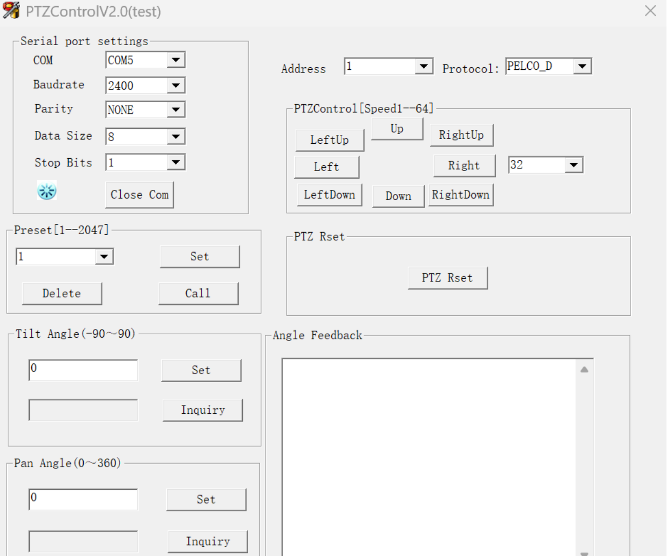 RS485/RS422 Pan Tilt Unit Control Software für Windows